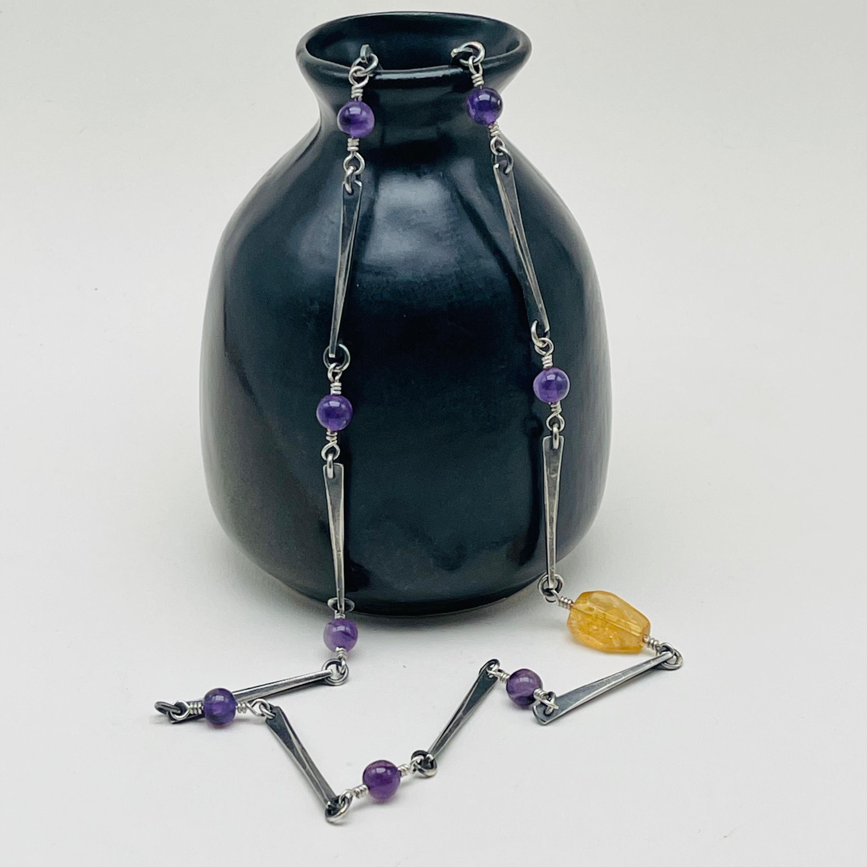Amethyst and Citrine Oxidised Bar Necklace
