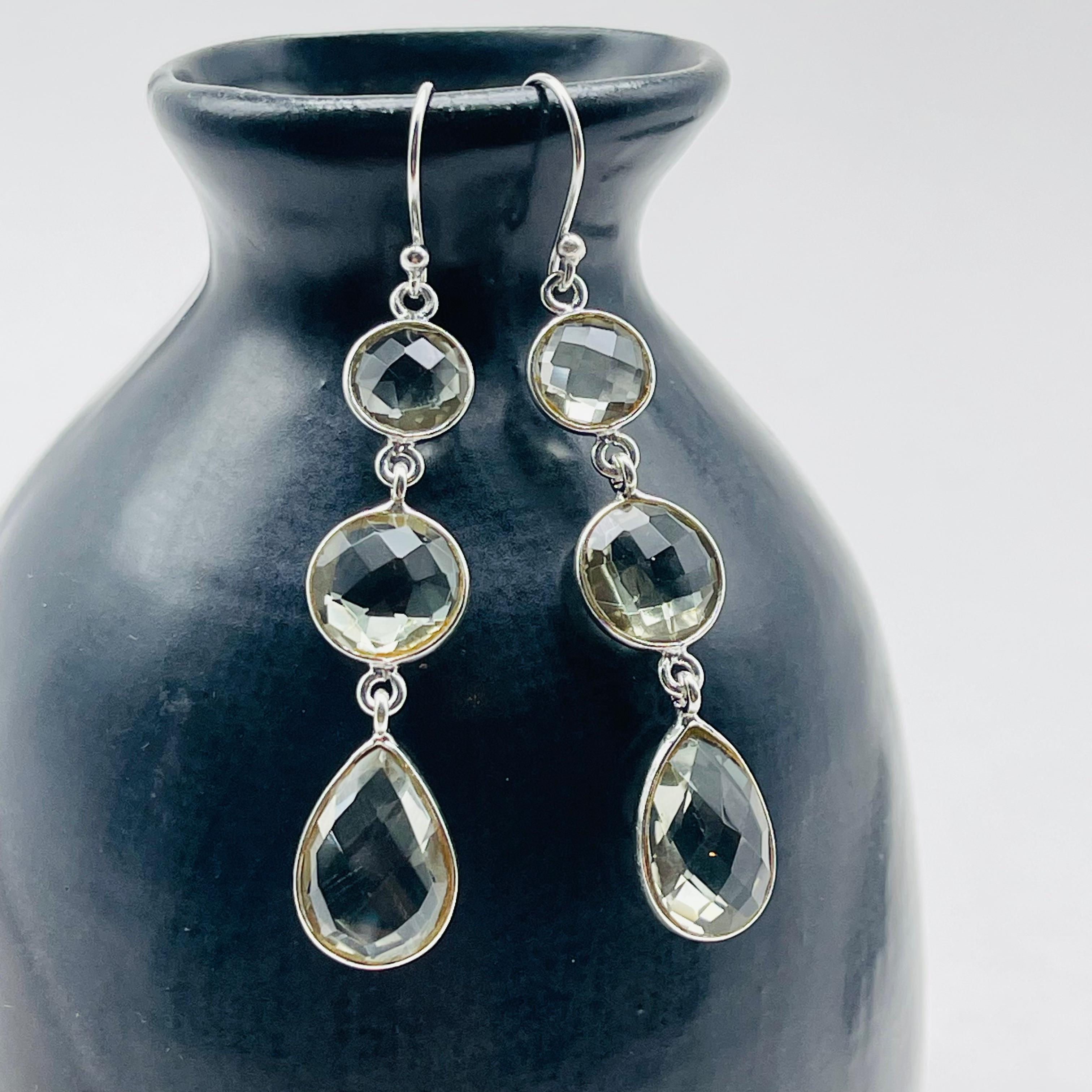 Faceted Green Amethyst Triple Drop Earrings