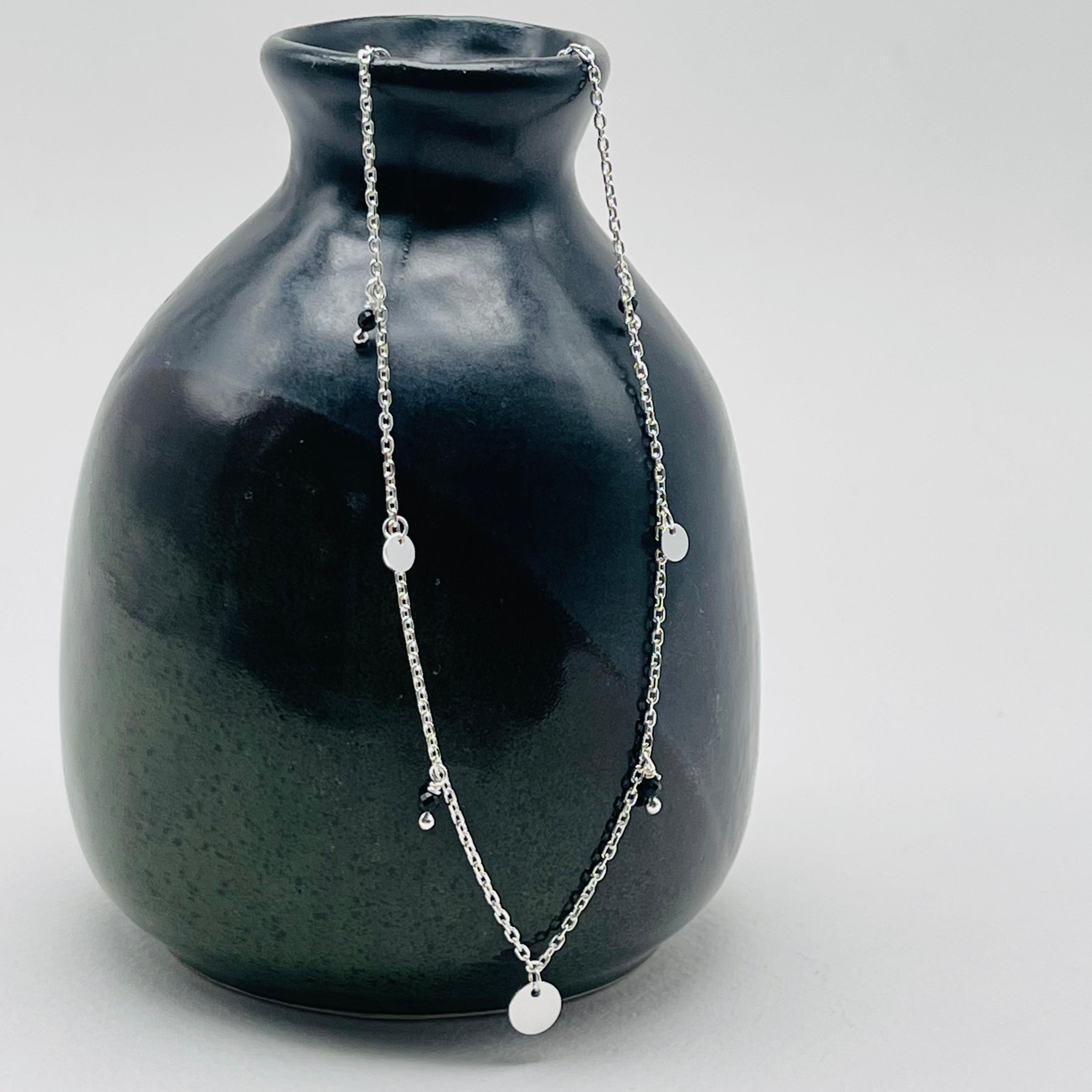 Silver Disc and Black Onyx Drops Necklace