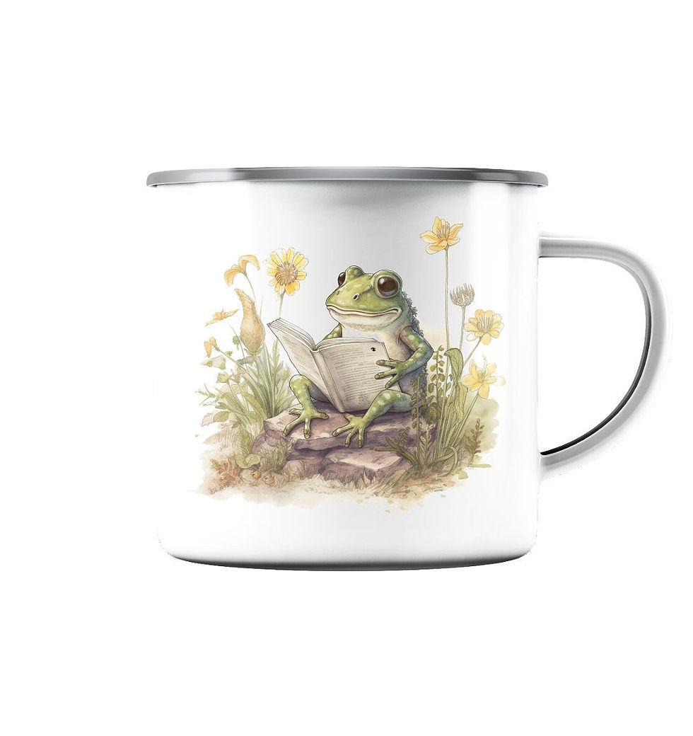 Frosch Kröte Grafik Emaille Tasse mit lustigem Buch Frosch, Cottagecore Tasse, Frosch Geschenk und Froschliebhaber Emaille Tasse