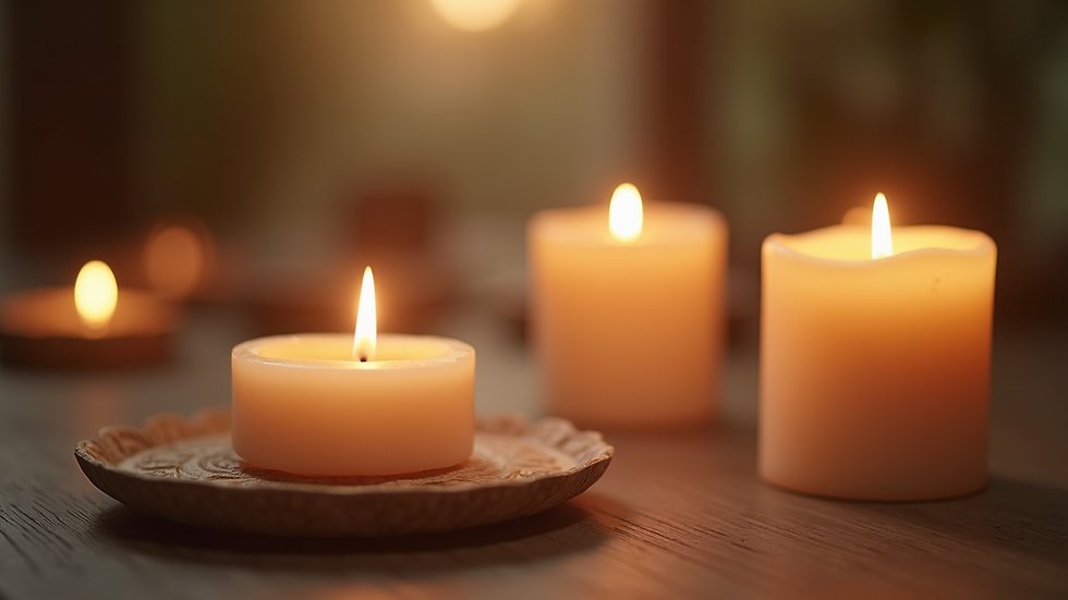 Close-up view of a serene meditation space with candles and soft lighting