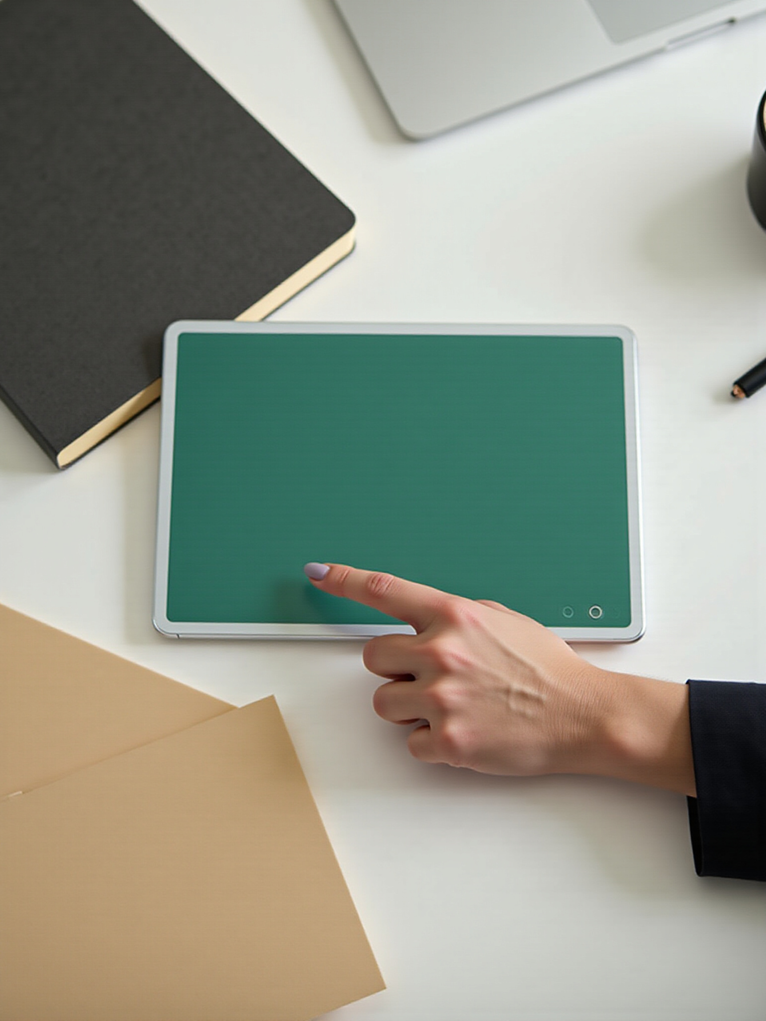 Ipad/tablet with a green background on a desk