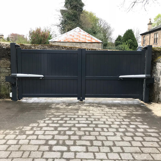 Automatic black swing aluminium gate  installation in Scotland UK