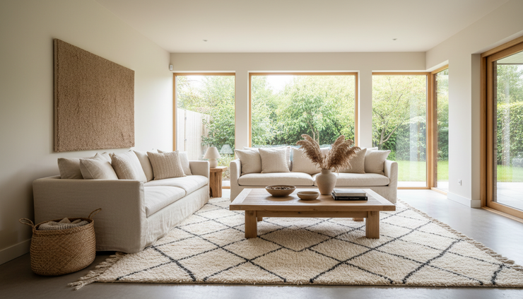 Wide-angle view of a warm living room with a cream Berber rug beside a linen sofa