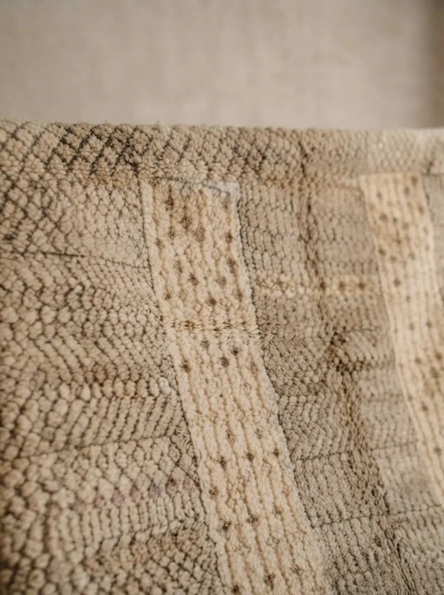 Selected Berber rug hero image, full rug laid out on ground, warm earth tones with blue accents, portrait
