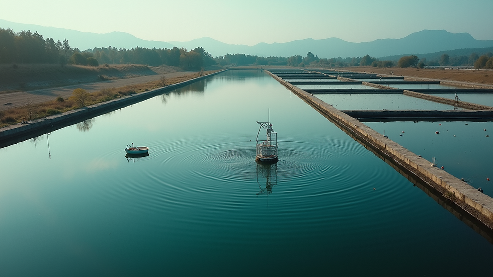 High angle view of fish farming pond with aerators and fish visible