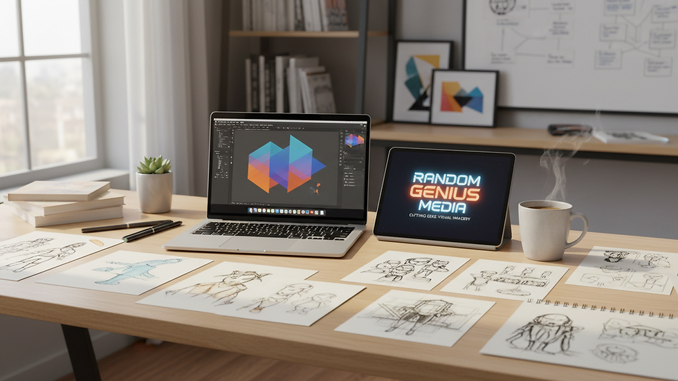 Eye-level view of a creative workspace with a laptop and portfolio sketches
