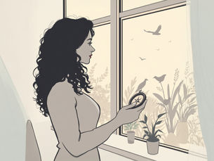 A woman holding a compass, looking out of the window