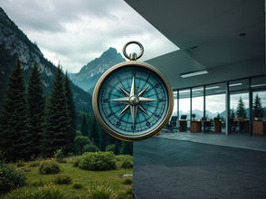 A compass with half a mountain background, half an office background