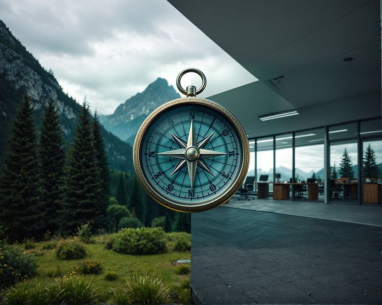 image of a compass with the left half of the background as mountains and nature and the ri