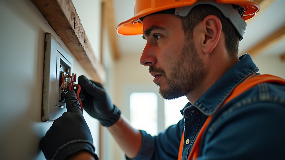 Eye-level view of an electrician working on rewiring a home