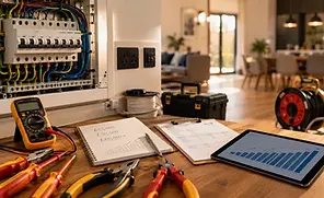 Electrician-tools-and-open-fuse-box-on-a-modern-UK-home-workbench-with-salary-notes-and-ta