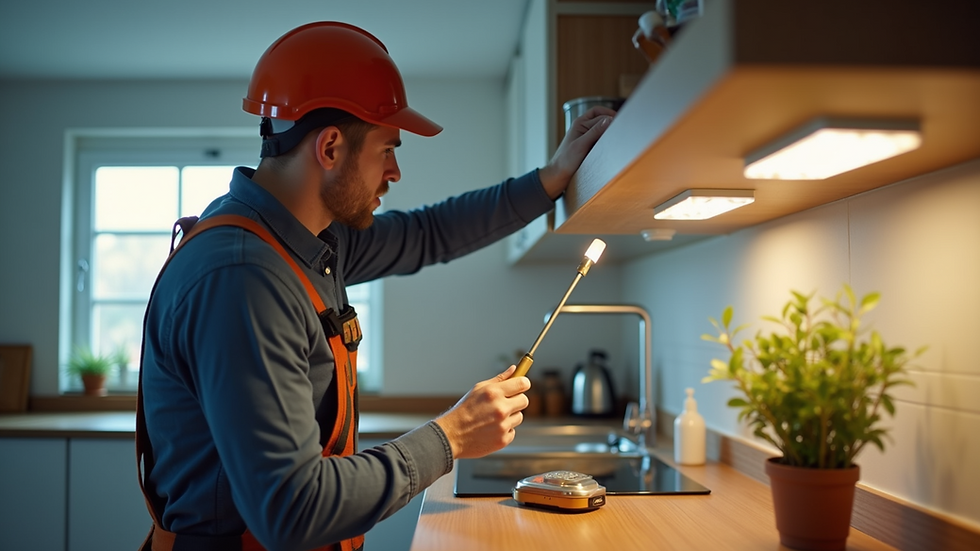 Close-up view of an electrician installing LED lighting in a modern kitchen