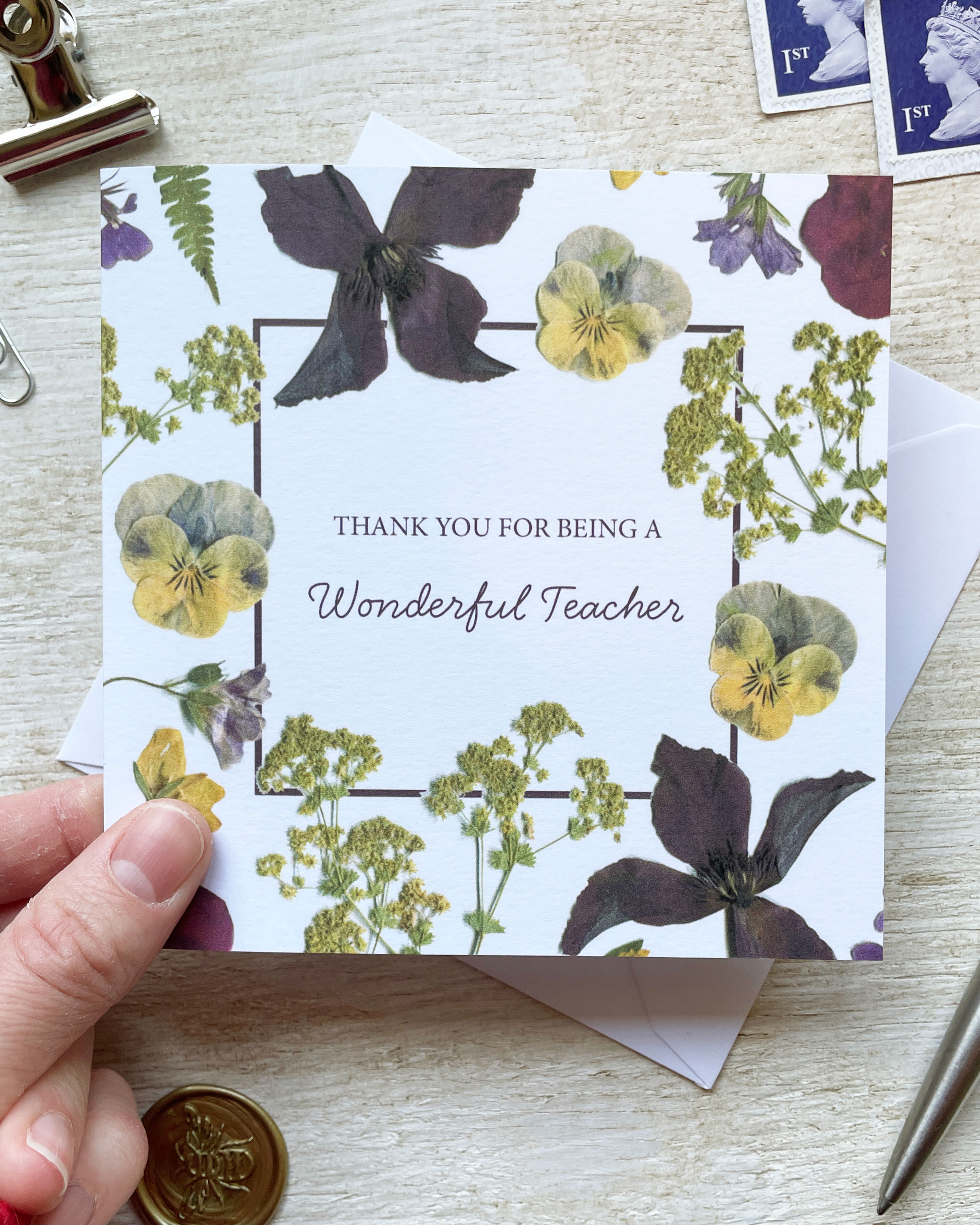 Pressed Flower Teacher Thank You Card Being Held