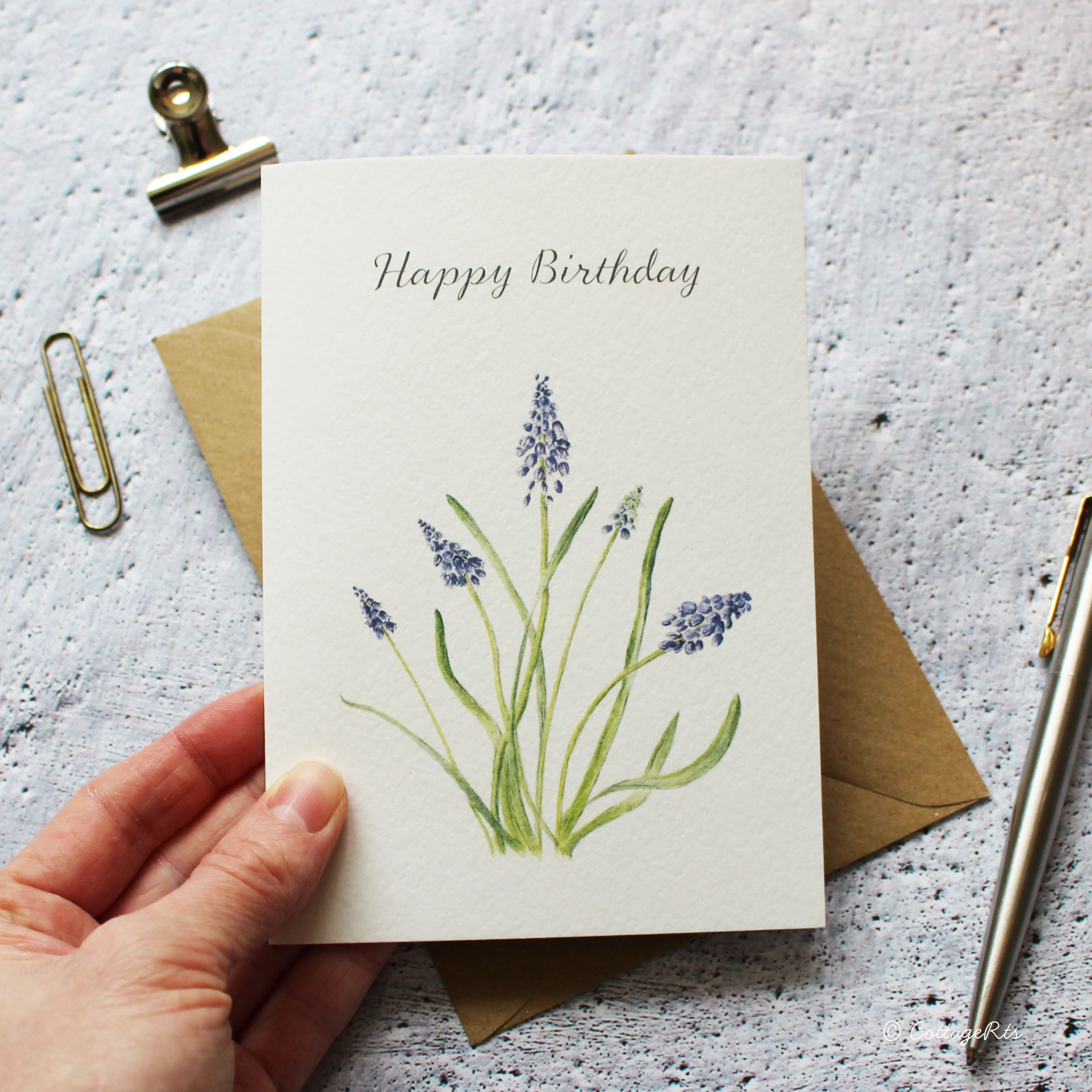 Watercolour Muscari (Grape Hyacinth) Birthday Card