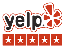 Yelp logo with five stars, representing excellent reviews and ratings.