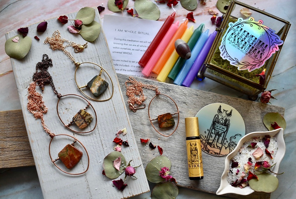 Hammered Hoops Necklaces by Christina Holland Designs. Whole Essential Oil roller by Ace of Cups Essentials. I am Whole Ritual kit by The Ninth House.
