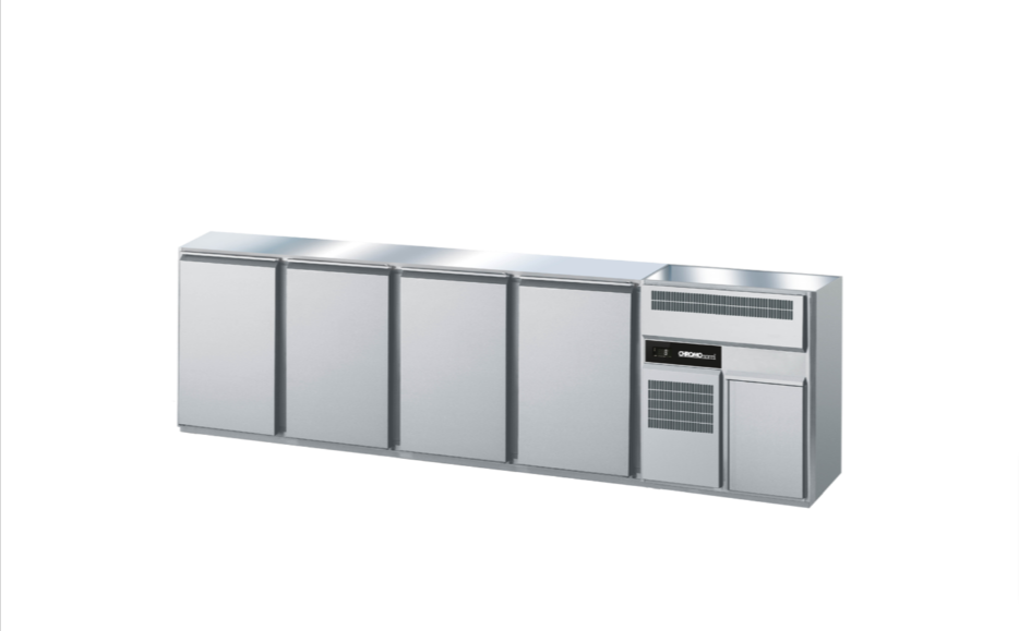 Getränketheke, für 2 Becken rechts, 4 Türen, ohne Abdeckung, Steckerfertig