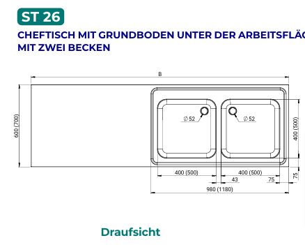 Miniaturbild: ST 26  CHEFTISCH MIT GRUNDBODEN UNTER DER ARBEITSFLÄCHE   MIT ZWEI BECKEN RECHTS