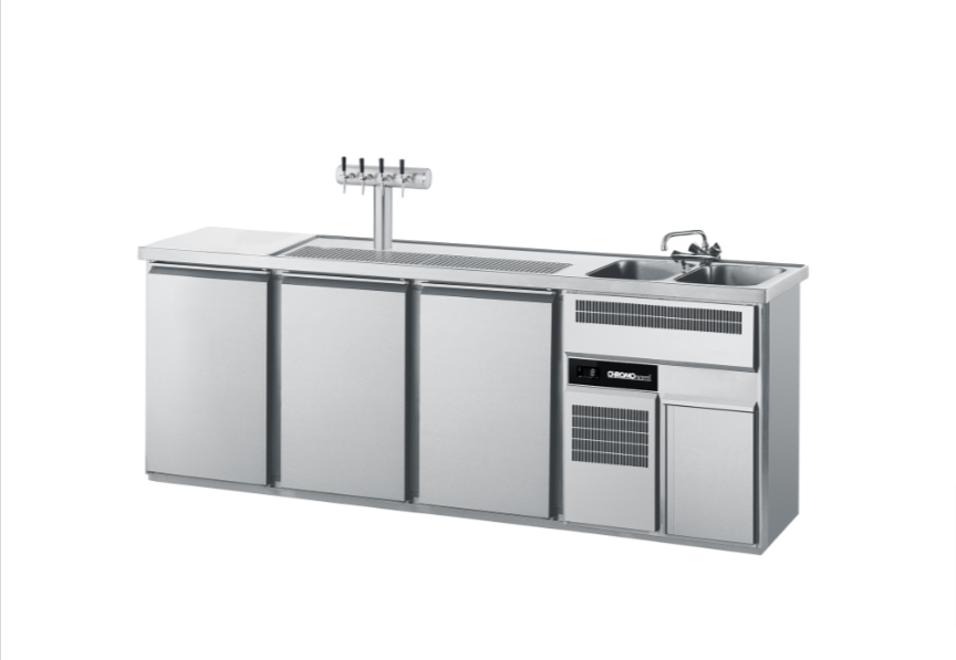 Getränketheke, 2 Becken rechts, 3 Türen, mit Abdeckung, Steckerfertig