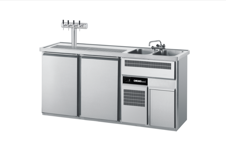 Getränketheke, 2 Becken rechts, 2 Türen, mit Abdeckung, Steckerfertig