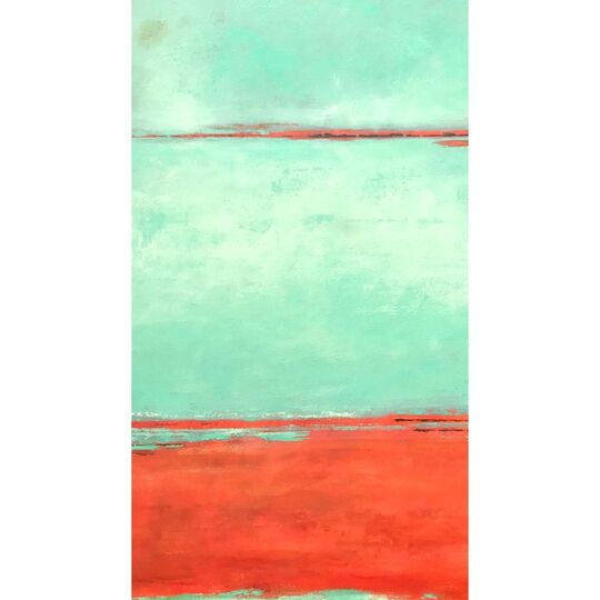 Détail peinture de bord de mer vert et ocre rouge par l'artiste Patricia Jean-Cabot d'Arles