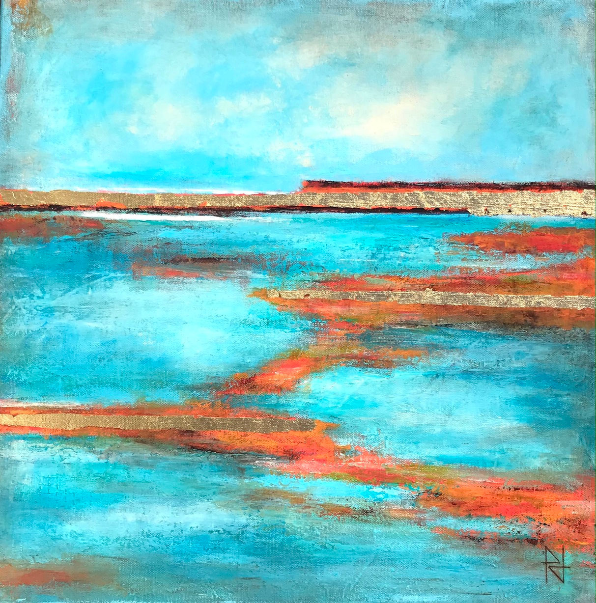 Peinture de paysage semi abstrait d'un étang de Camargue par l'artiste Patricia Jean-Cabot d'Arles
