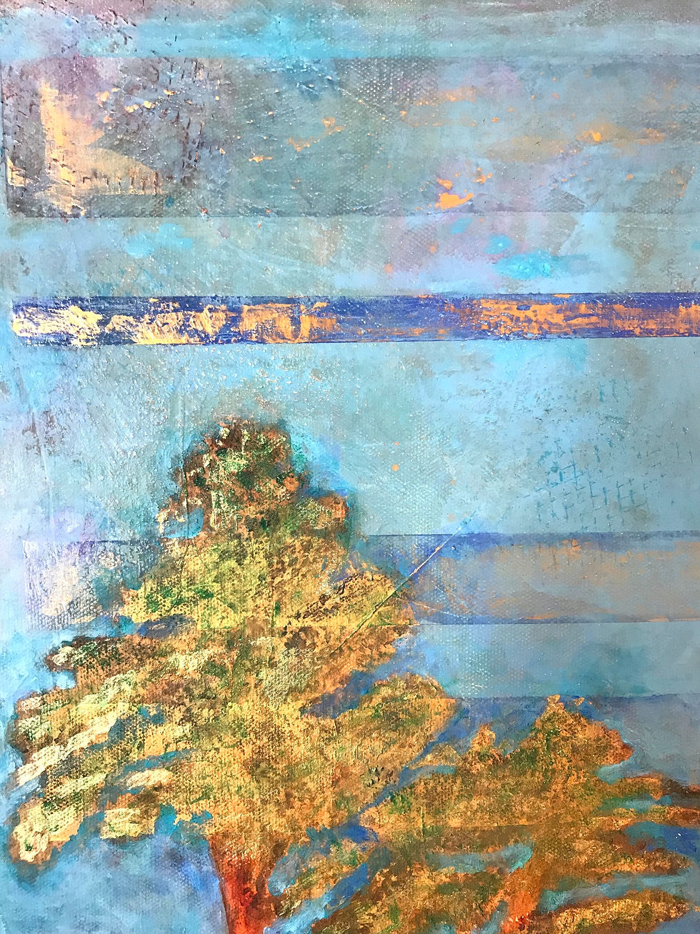 Détail de la feuille d'or d'une peinture de paysage avec pins parasols par l'artiste Patricia Jean-Cabot