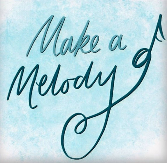 Make a Melody logo with cursive text and blue music note over blue background