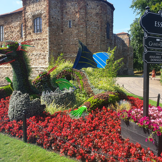 Image of Colchester Castle with flowers in front, based on Games of Thromnes Dragon 