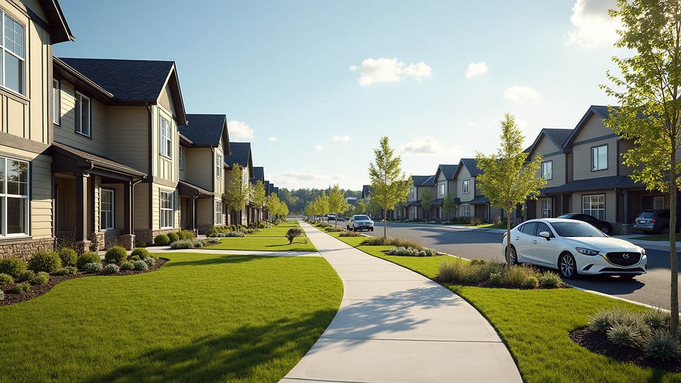 High angle view of a new residential community with landscaped yards and sidewalks