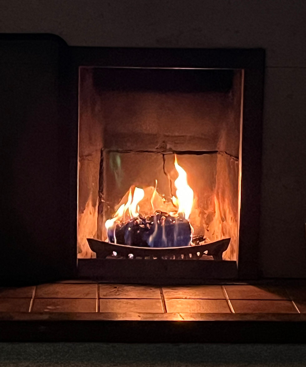 Roaring fire place with red tile hearth