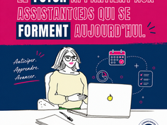 Illustration d’une assistante de direction concentrée, assise à son bureau avec un ordinateur portable et un café, entourée de notes et d’outils de travail, symbolisant l’organisation, la montée en compétences et la formation continue. Texte intégré : « Le futur appartient aux assistantes qui se forment aujourd’hui ».