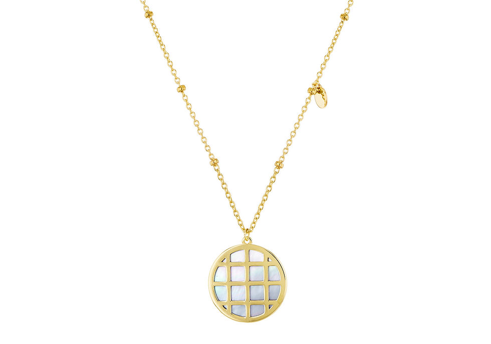 mother of pearl round gold grid necklace