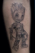 Fineline black and grey baby groot tattoo by Jimmy