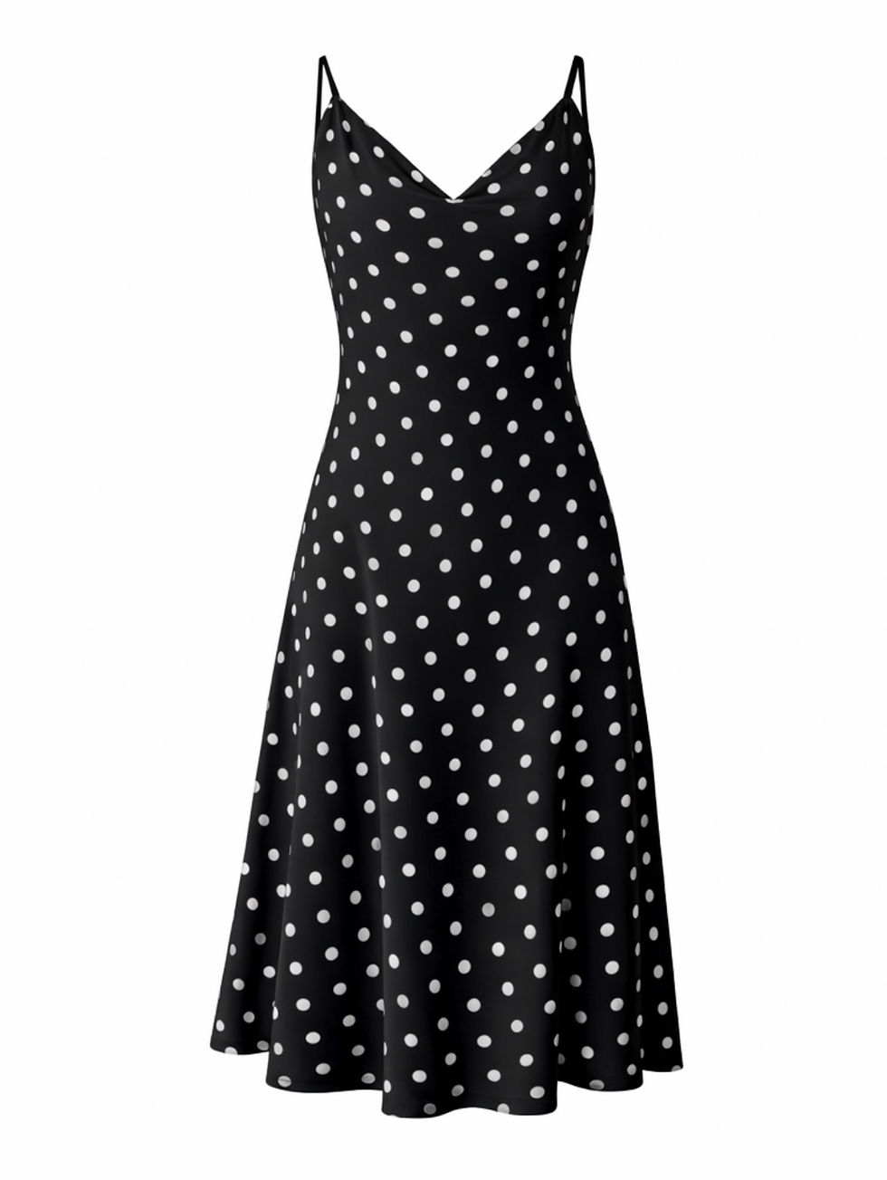 Black and white polka dot V-neck spaghetti strap fit and flare midi dress front view by Elizabeth Diamant