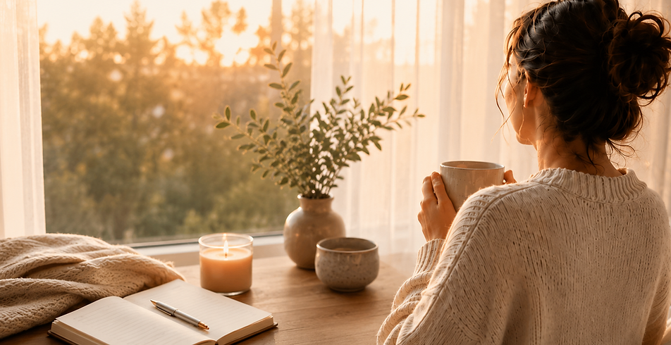 Busy mom enjoying a peaceful morning and building healthy morning habits with TerraMes planning tools, including a morning routine app, gratitude planner, goal planner, life planner, and vision boards.