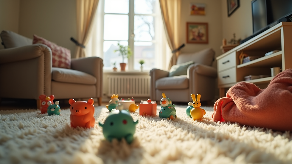 Eye-level view of a cozy living room with children's toys scattered around