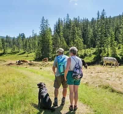 couple avec leur chien en train de faire une randonnée en isère