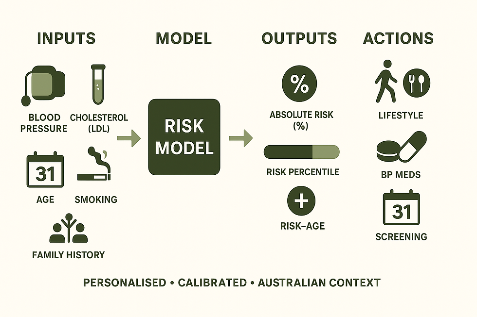 Infographic shows inputs (blood pressure, LDL cholesterol, age, smoking, family history) flowing into a risk model with outputs (absolute risk %, risk percentile, risk-age) and actions (lifestyle, BP medicines, screening) in an Australian preventive health context.