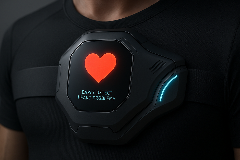 Futuristic looking heart monitor device, meaning the future of wearable medical tech is close, but expert opinion still required for correct diagnosis.