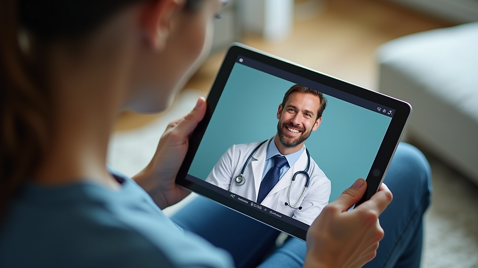High angle view of a person using a tablet for a telehealth consultation at home