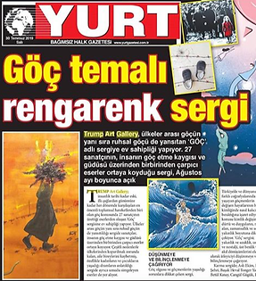 Newspaper article featuring Aslı Ekim's "Göç" exhibition at Trump Art Gallery.