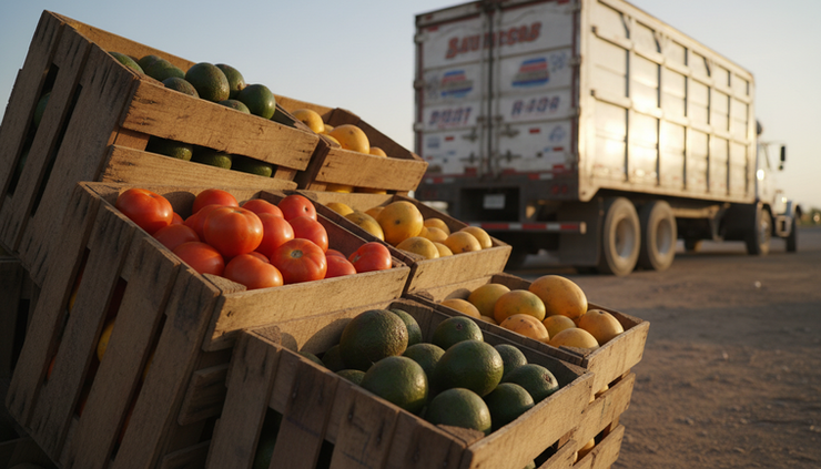 Close-up view of produce crates stacked beside a roadside freight stop in northern Mexico.