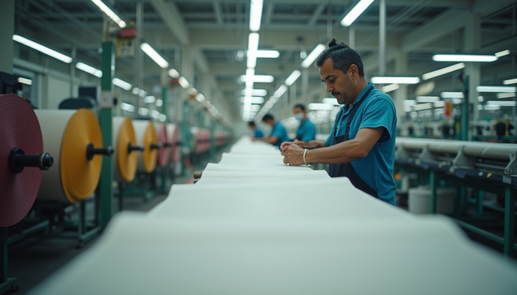 Eye-level view of a Mexican textile factory with workers inspecting fabric rolls