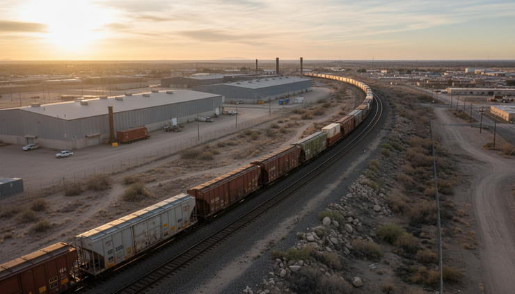 High-angle view of freight rail cars moving through an industrial border corridor.
