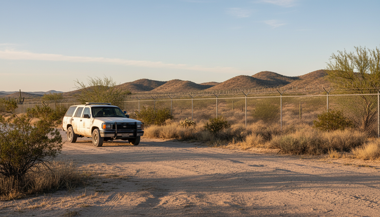 Eye-level view of a border patrol vehicle parked near a desert road.