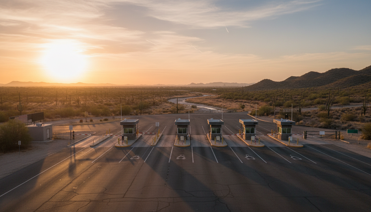 Wide-angle view of a quiet U.S.-Mexico border crossing at sunrise.