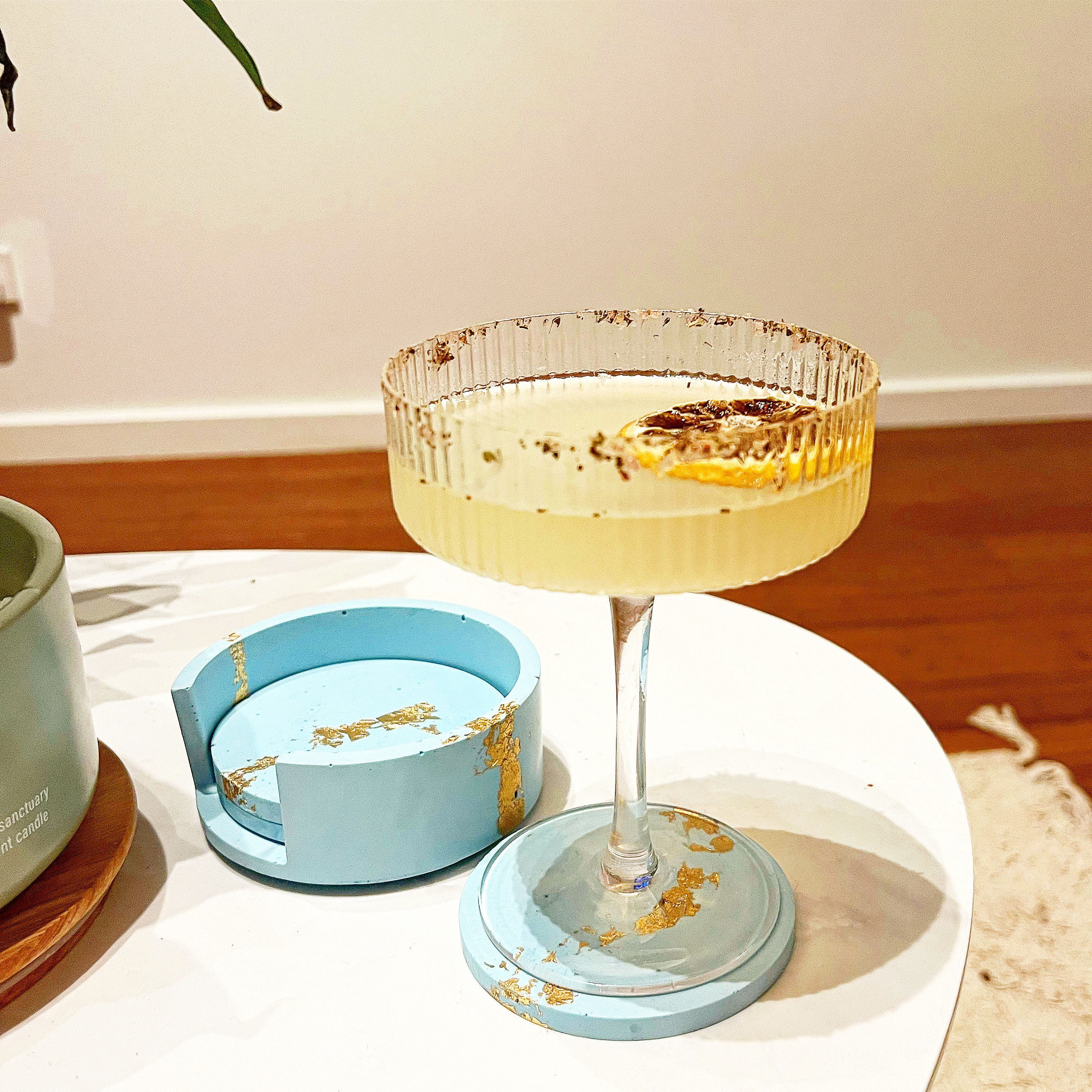 4 set Coasters with holder - pale blue & gold