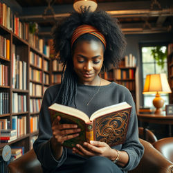 a beautiful african lady reading a book in a comfy and rustic bookstore